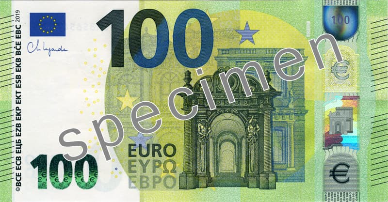 Billet de 100 euros, visuel officiel SPECIMEN