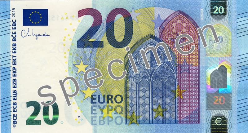 Billet de 20 euros, visuel officiel SPECIMEN