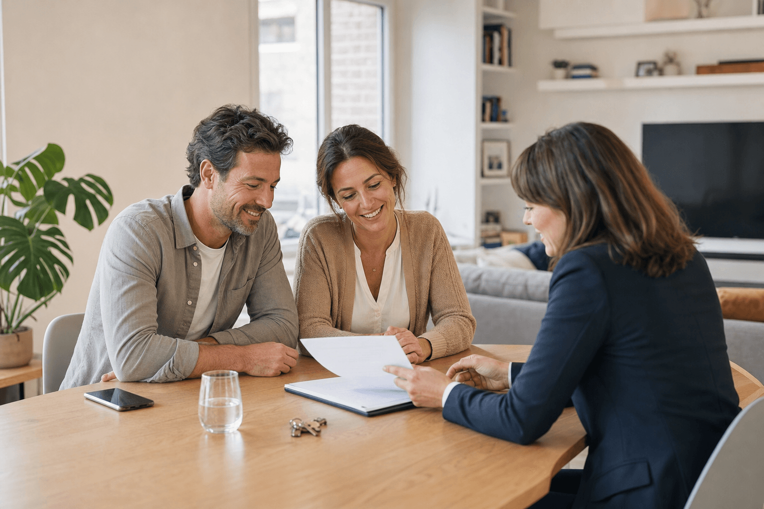 Un couple échange avec une conseillère en assurance dans son logement