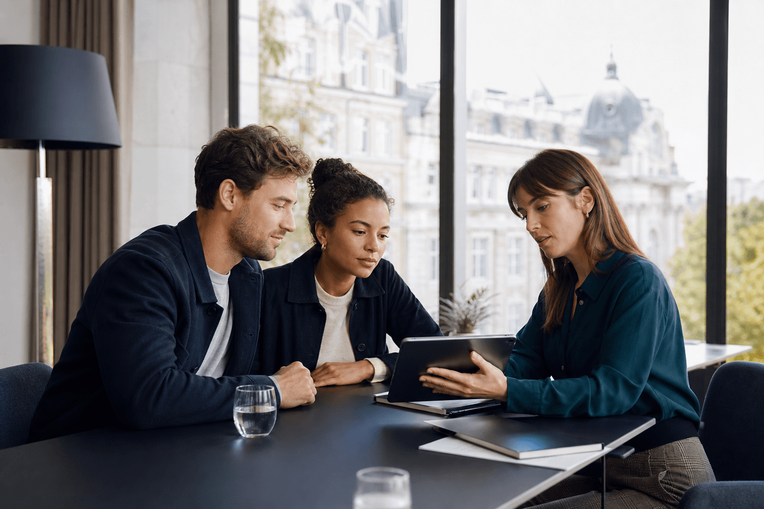 Un couple échange avec une conseillère financière en Europe